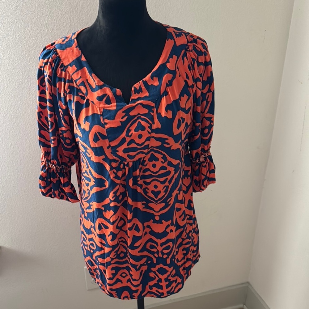 Escapada Orange dark blue V‎ neck ruffle shirt sleeves pullover blouse Top Sz S